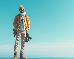 Naklejka premium Young Adventurer Standing on Clifftop with Camera and Blue Sky Background, Stylish Winter Outfit