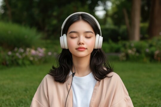 Peaceful Mindfulness in Nature Woman with Headphones Relaxing in Serene Park, Eyes Closed, Embracing Tranquility, Stock Photo