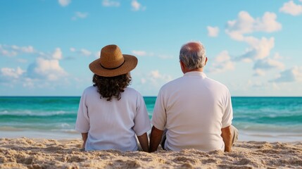 Fototapeta premium Romantic Senior Couple Holding Hands on Tranquil Beach, Enjoying Retirement Together, Peaceful Sunset, Love, Happy, Carefree, Relaxation, Vacation, Ocean View, Golden Years, Beach Vacation, Elderly