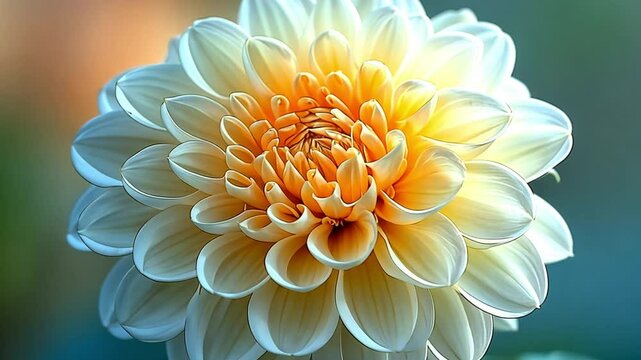 Close-up of a delicate white dahlia flower with a soft, peachy-orange center, captured against a blurred teal and orange background.