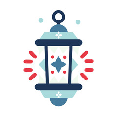 A lantern with a blue and red design. The lantern is lit up and has a red and blue light
