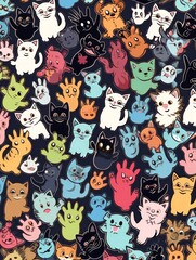 A colorful collage of playful cartoon cats in various poses and colors.