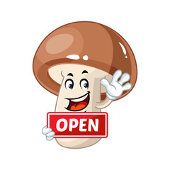Smiling Mushroom Cartoon Character Holding Open Sign, Welcome, Shop, Restaurant, Business, Mascot.