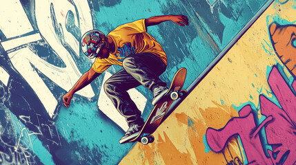 Naklejka premium Young black boy wearing a helmet skateboarding on ramps, urban atmosphere, walls covered with graffiti, cartoon style 