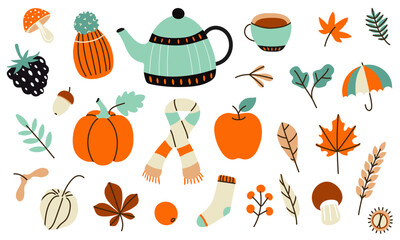 Autumn hand drawn elements set. Collection of fall season scrapbooking colorful icons. Cozy stickers set. Vector illustration.