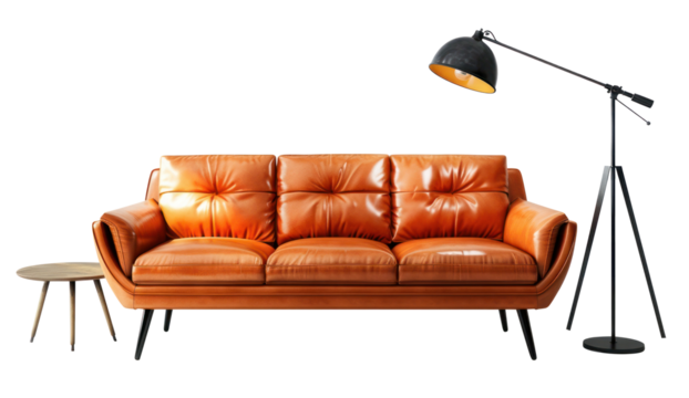 Modern leather sofa with lamp