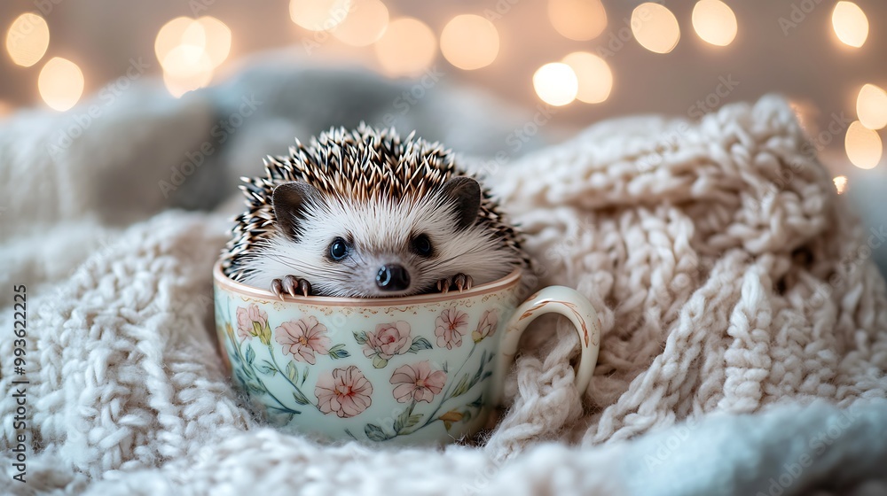 Poster a small hedgehog sits inside a teacup on a white blanket with string lights in the background.