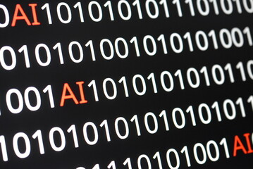  The image contains binary code lines with the words "ERROR" in red and "AI" in green. The contrast of colors indicates technological issues (error) alongside advancements in artificial intelligence