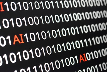 Binary Code and Artificial Intelligence: Progress and ChallengThe image contains binary code lines with the words "ERROR" in red and "AI" in green. The contrast of colors indicates technological isses