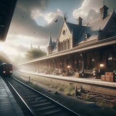 Obraz premium A beautifully preserved Victorian train station is illuminated by the soft glow of sunrise, with a vintage train waiting on the tracks. The calm scene captures a sense of historic charm and timeless