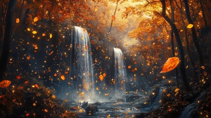 Obraz premium Ethereal autumn forest with vibrant leaves twirling upward and waterfalls cascading with sparkling light under a tranquil sky