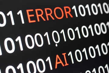  The image contains binary code lines with the words "ERROR" in red and "AI" in green. The contrast of colors indicates technological issues (error) alongside advancements in artificial intelligence