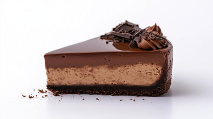  A slice of rich chocolate cheesecake topped with chocolate ganache, decorated with chocolate shavings and cream