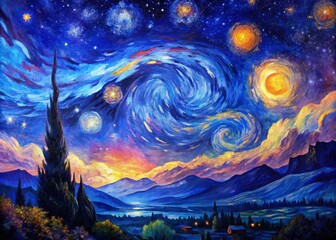 Obraz premium Vibrant Abstract Painting of a Starry Night Sky with Deep Blues, Purples, and Twinkling Stars