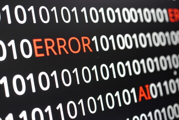  The image contains binary code lines with the words "ERROR" in red and "AI" in green. The contrast of colors indicates technological issues (error) alongside advancements in artificial intelligence