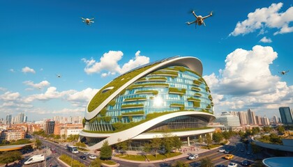 Obraz premium architecture design building. high rise building. green building concept, modern city skyline. building in the city. city in the city. view from the top of the bridge