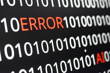  The image contains binary code lines with the words "ERROR" in red and "AI" in green. The contrast of colors indicates technological issues (error) alongside advancements in artificial intelligence