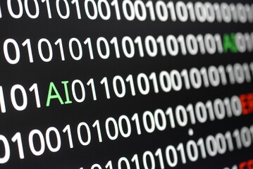The image contains binary code lines with the words "ERROR" in red and "AI" in green. The contrast of colors indicates technological issues (error) alongside advancements in artificial intelligence 