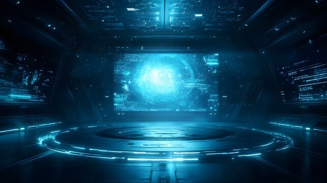 A high-tech command room with crew members immersed in a 360-degree holographic interface, surrounding them with data streams, planets, and tactical readouts