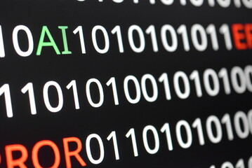 The image contains binary code lines with the words "ERROR" in red and "AI" in green. The contrast of colors indicates technological issues (error) alongside advancements in artificial intelligence 