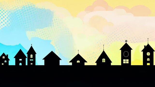 Abstract silhouettes of buildings against a bright sunset or sunrise, creating an atmosphere of peace and tranquility