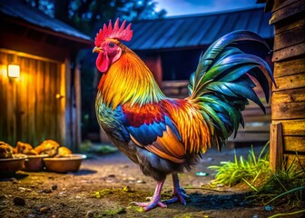 Fototapeta premium Vibrant Ameraucana Rooster Displaying Colorful Feathers in Natural Farmyard Setting