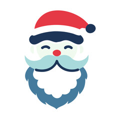 A smiling santa with a red hat and blue and white beard. The beard is very bushy and the hat is red