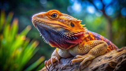Obraz premium Vibrant and Colorful Bearded Dragon Resting on a Rock Against a Natural Background in Nature