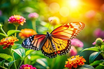Fototapeta premium Vibrant and Colorful Butterfly Perched on a Flower in a Lush Green Garden Setting Under Sunshine