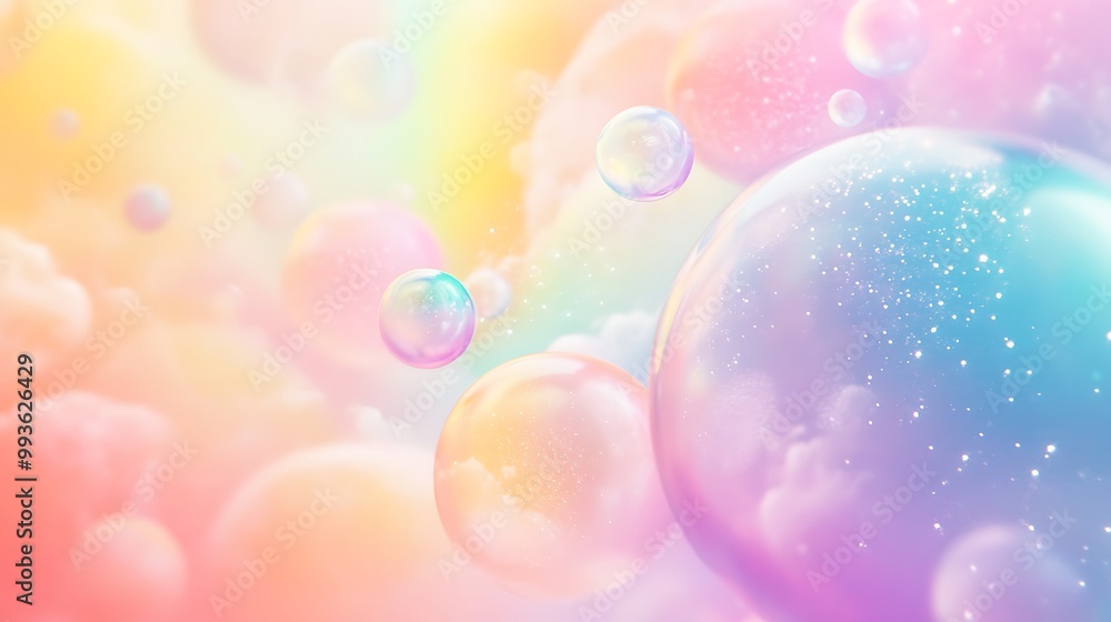 Poster abstract colorful background with iridescent bubbles and clouds.