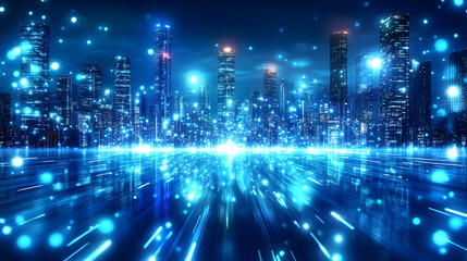 Obraz premium Futuristic Cityscape with Data Streams Flowing Towards the Horizon