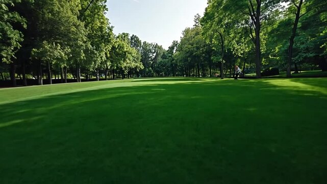 Lush green grass lawn with trees in the background.