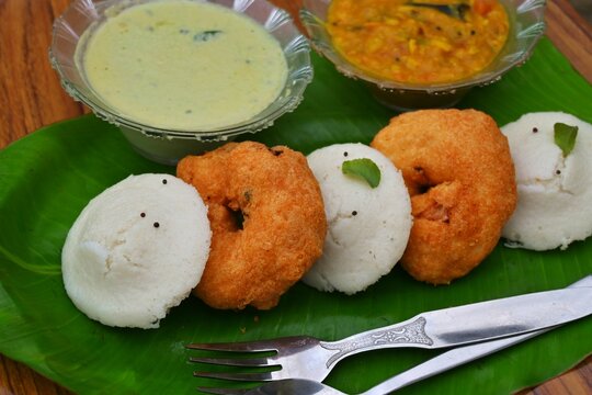 Idli vada with sambar and chutney, South Indian famous breakfast