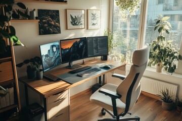A remote home office setup with dual monitors, a comfortable chair, and office essentials