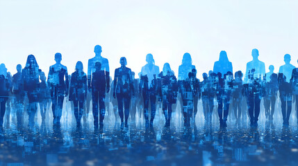 Silhouettes Of People Walking In Abstract Cityscape Reflecting In Water