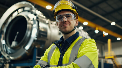 maintenance engineer in safety helmet and goggles stands confidently in industrial setting, showcasing professionalism and readiness for work