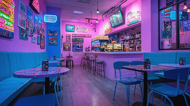 Neon-lit cafe interior with blue booths, tables, and chairs.