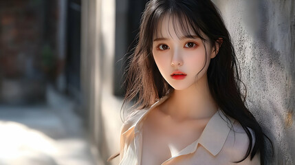 Fototapeta premium Young Woman with Long Black Hair and Peach Shirt Leans Against Wall in Alleyway
