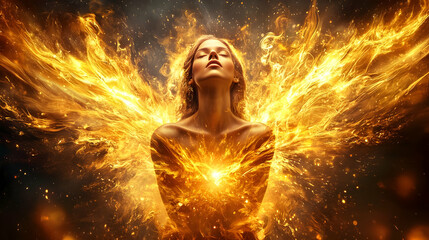 Obraz premium Woman Embraces Fiery Energy with Glowing Wings Spread Wide