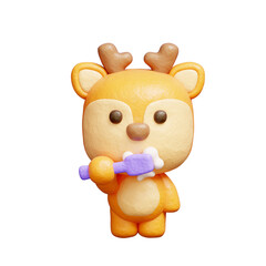 Fototapeta premium 3D cute deer brushing teeth, Cartoon animal character, 3D rendering.