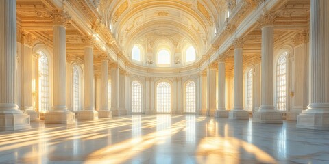 Spacious marble hall with towering columns, arched ceilings, and streaming sunlight