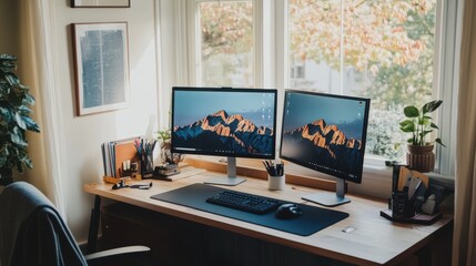 Remote Home Office: A Cozy Setup with Dual Monitors and Essentials