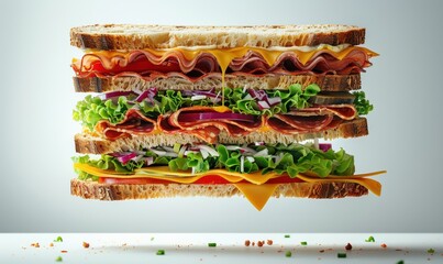 A towering sandwich with layers of cheese, lettuce, meat, and bread, perfectly arranged.
