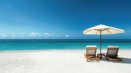 Relaxing Beach Paradise with Umbrella and Lounge Chairs