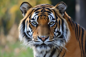 A captivating close-up of a majestic tiger staring intently ahead, showcasing its distinct stripes and fierce gaze.