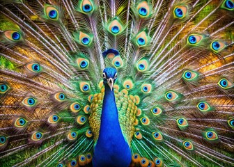 Obraz premium Vibrant and Colorful Peacock Displaying Its Stunning Feathers in Natural Outdoor Habitat