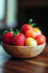 A bowl filled with fresh fruits like strawberries and apples, presented in a wooden bowl on a wooden surface.