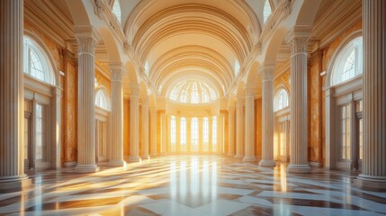Fototapeta premium Spacious marble hall with towering columns, arched ceilings, and streaming sunlight