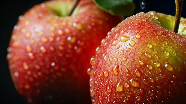 Two red apples with water droplets on their skin, close-up, one in focus, the other in the background.