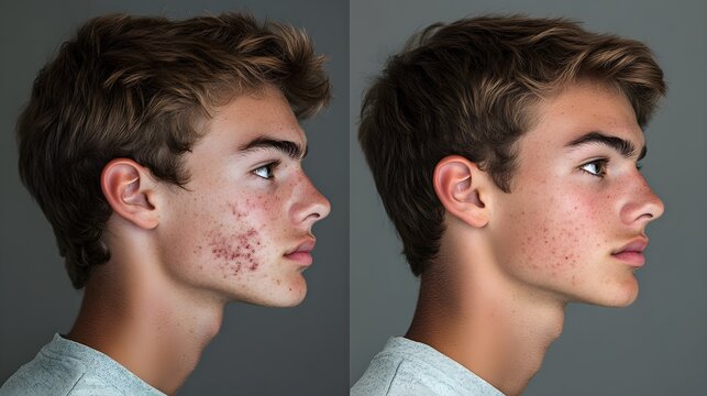 Side profile of a young man before and after treating acne with natural oils Before shows clogged pores, after highlights flawless, healthy skin